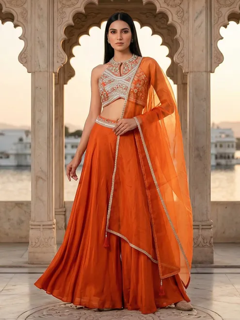 Orange satin silk pearl work festive palazzo suit