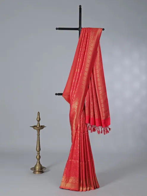 Orange semi kanjivaram silk zari work saree