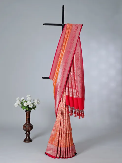Orange semi silk zari contrast border saree