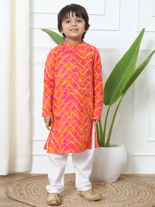 Orange shaded printed cotton kurta suit