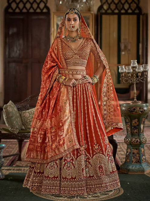 Orange silk bridal lehenga choli