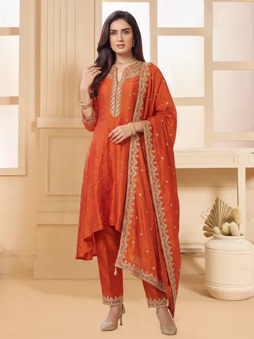 Orange silk designer salwar suit with dupatta