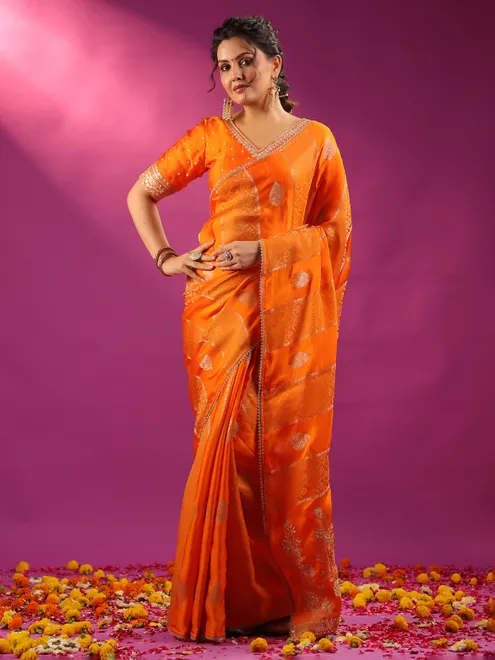Orange silk elegant wedding wear saree