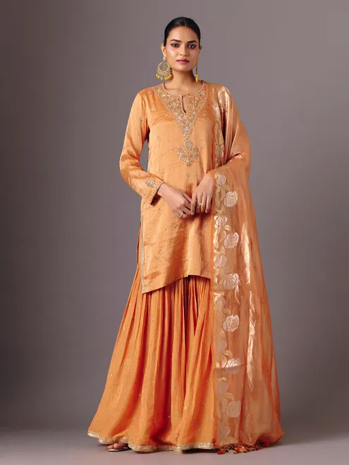 Orange silk full sleeve festive sharara suit