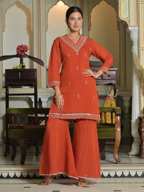 Orange silk georgette palazzo set with dupatta