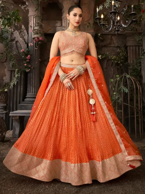 Orange silk lehenga choli with cutdana resham work