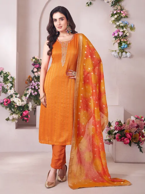 Orange silk mirror and zardosi work salwar suit