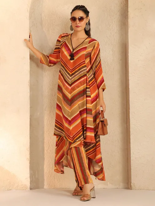 Orange silk printed kurti set for casual wear
