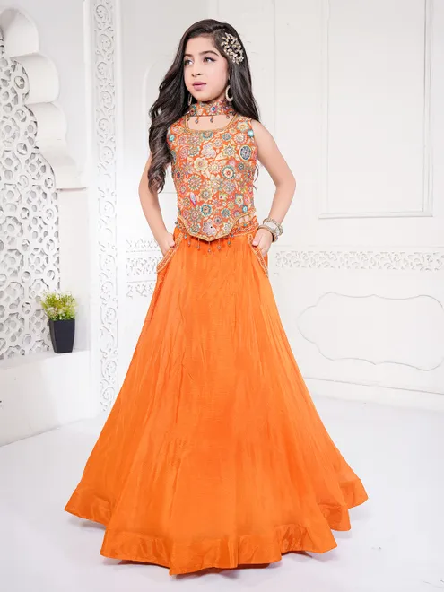 Orange silk printed lehenga choli for wedding