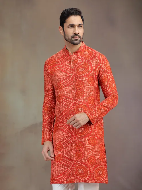 Orange silk printed men kurta pajama