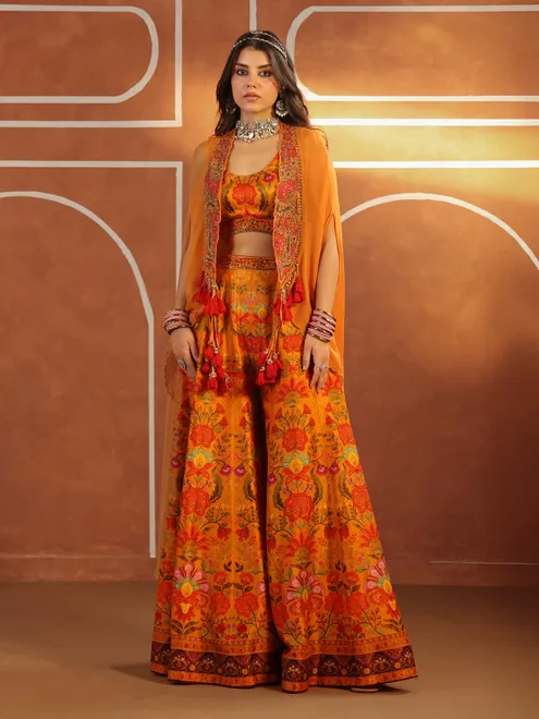 Orange silk printed palazzo suit with short shrug