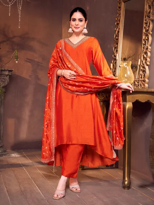 Orange silk salwar suit with dupatta