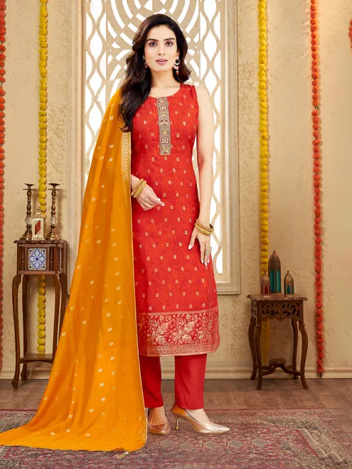 Orange silk salwar suit with zardosi and thread shine