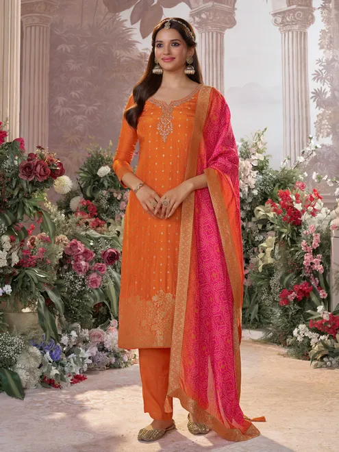 Orange silk sweetheart neck diwali salwar suit