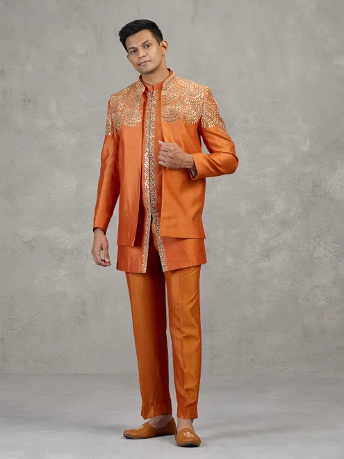 Orange silk wedding wear Indowestern set with mirror work