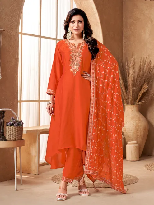 Orange silk zardosi work festive salwar suit