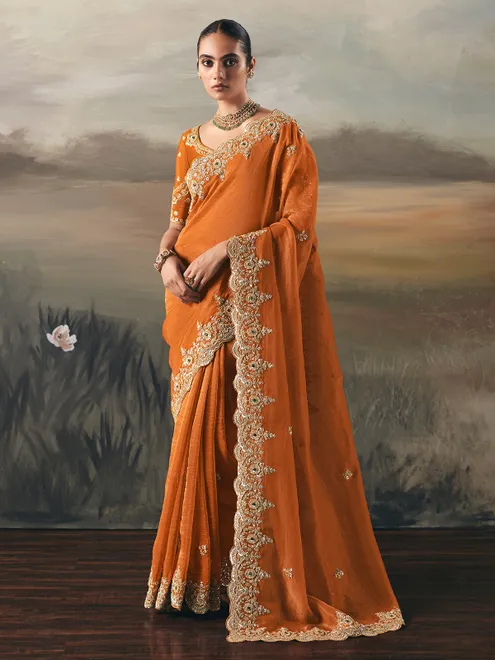 Orange tissue silk embellished wedding saree