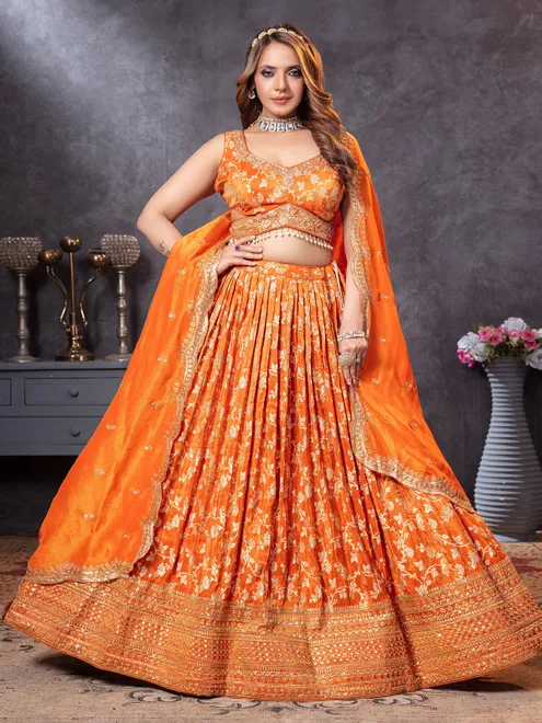 Orange tissue silk lehenga choli for bridal glam