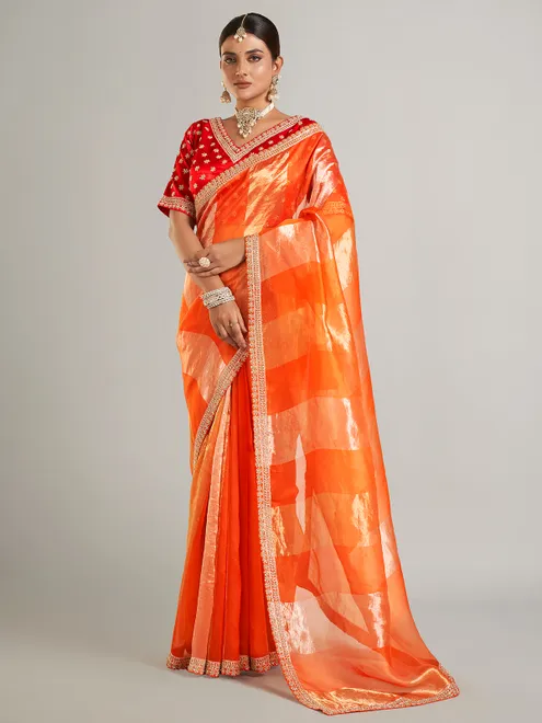 Orange tissue silk saree for wedding