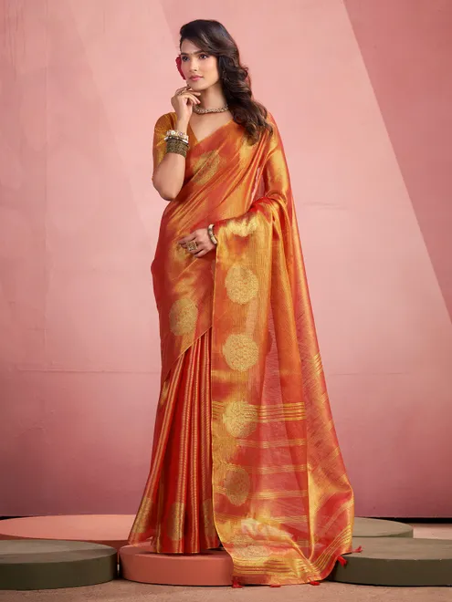 Orange tissue silk saree with zari work