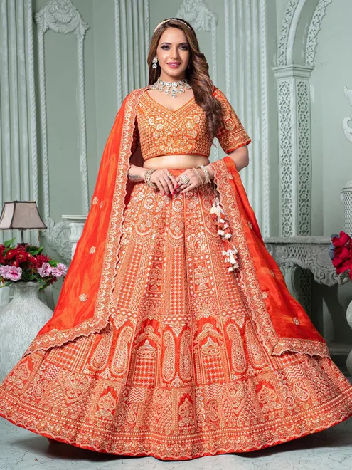 Orange tissue silk wedding wear lehenga choli