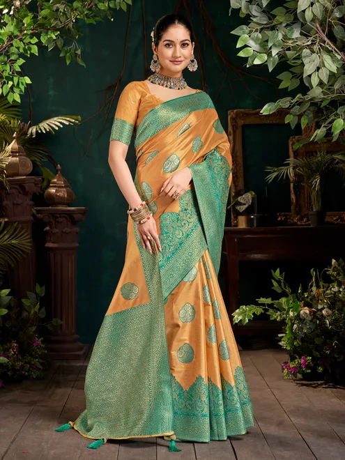 Orange zari work silk saree