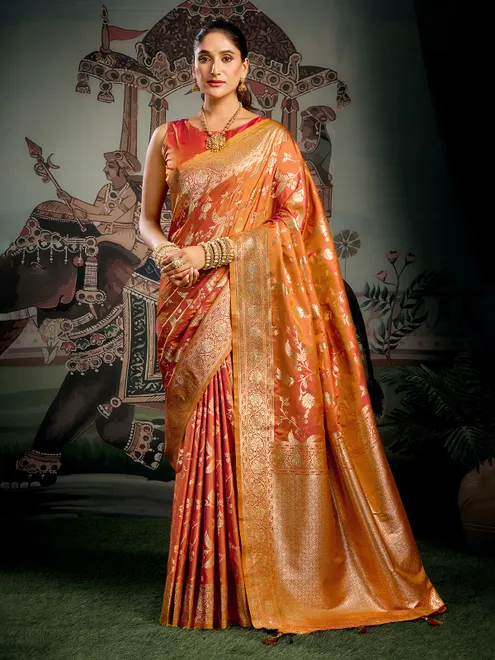 Orange zari worked silk saree for festival