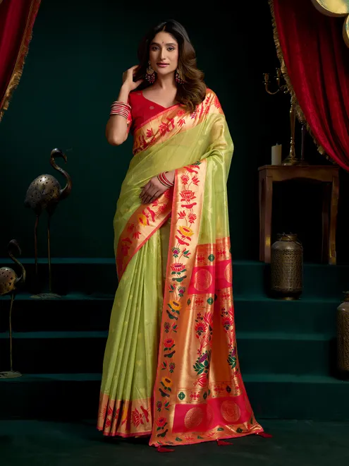 Parrot green tissue paithani silk saree