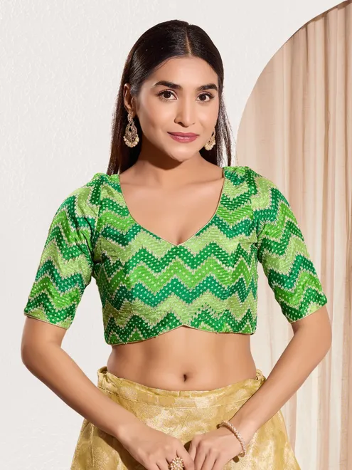 Parrot green zig zag printed chiffon blouse