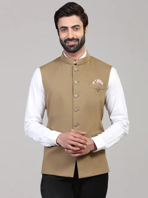 khaki knitted solid Party wear Nehuru Jacket for Men