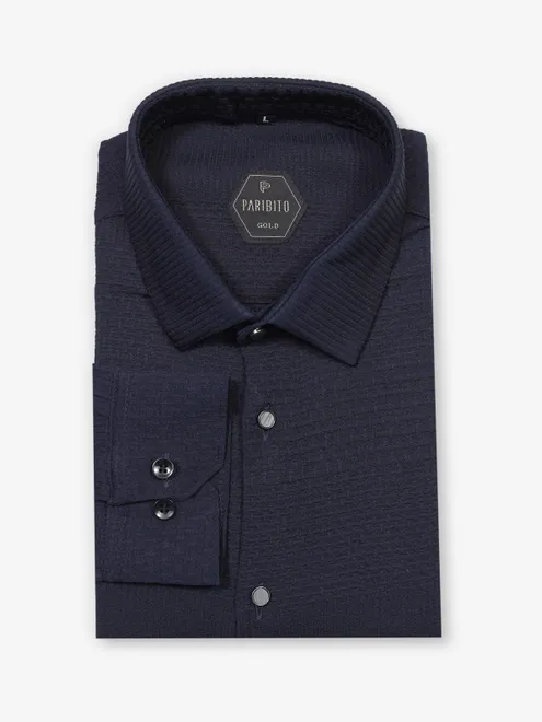 Party wear navy shirt in textured cotton