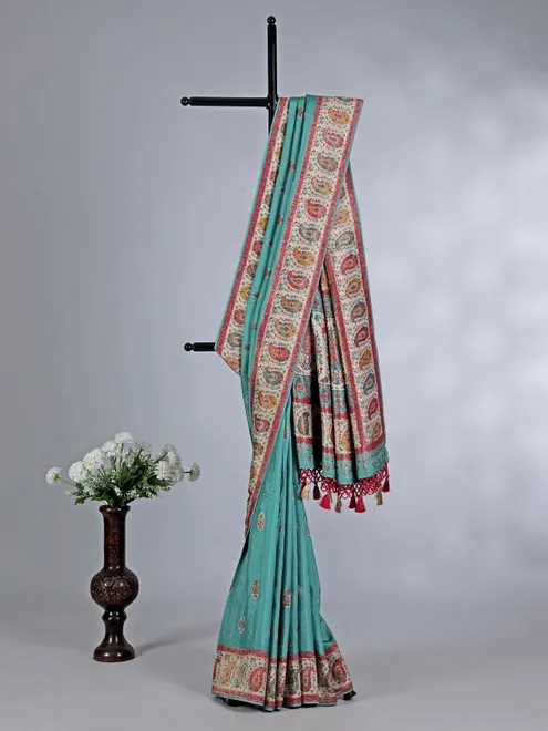 Pastel aqua pashmina silk saree