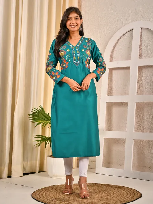 Pastel aqua silk V neck embroidered kurti