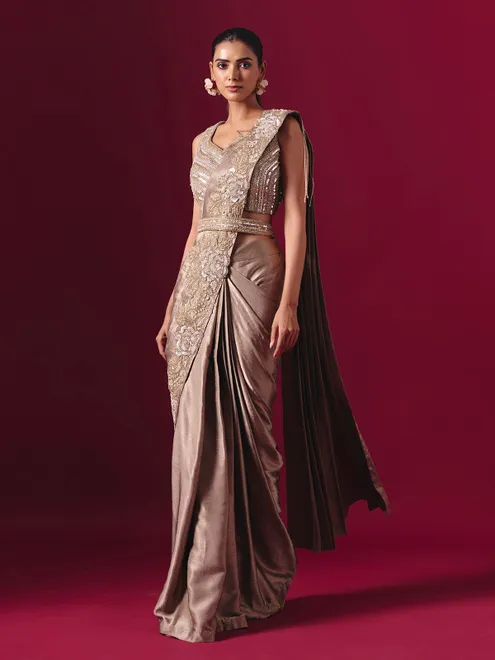 Pastel beige lycra designer ready to wear saree with elegant waist belt