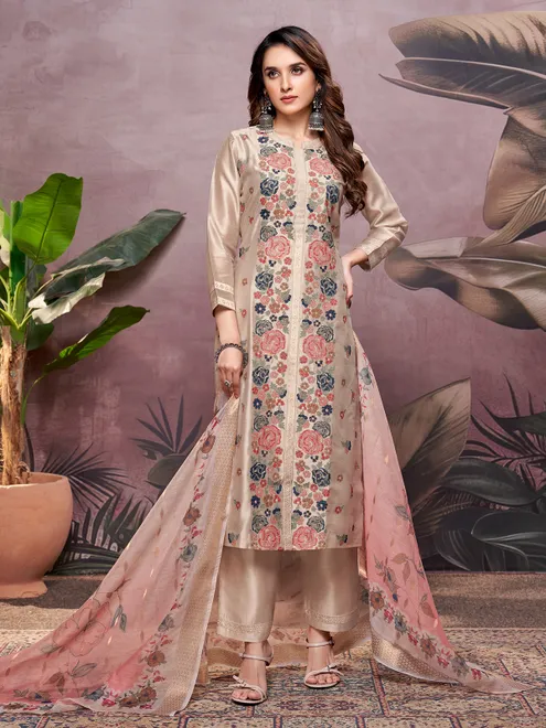 Pastel beige silk straight cut salwar suit