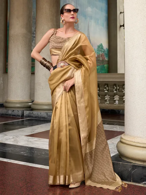 Pastel beige tissue silk zari weaving saree