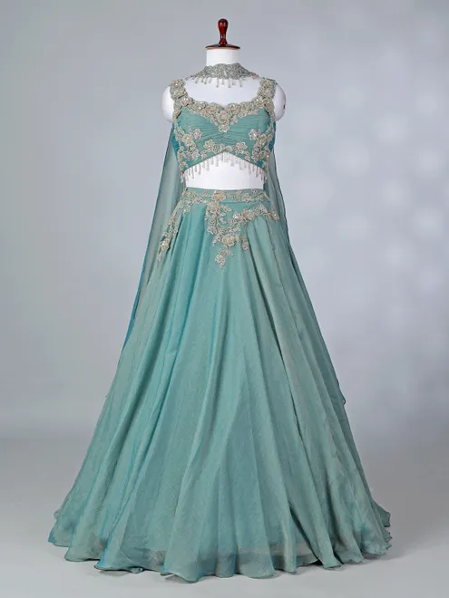 Pastel blue chiffon lehenga choli with thread work