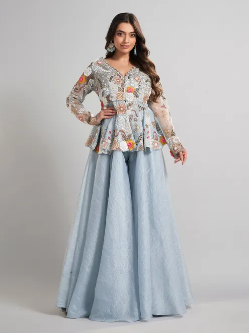 Pastel blue designer pakistani silk palazzo suit