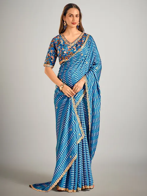 Pastel blue printed crepe silk saree