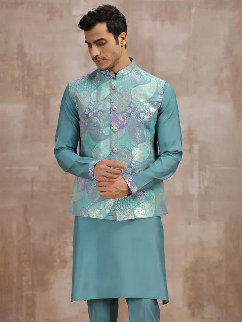 Pastel blue silk waistcoat set with zari embellishment