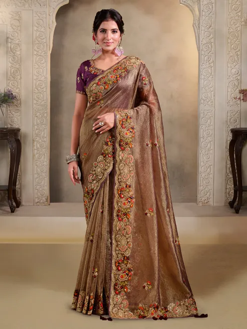 Pastel brown banarasi silk saree of subtle opulence