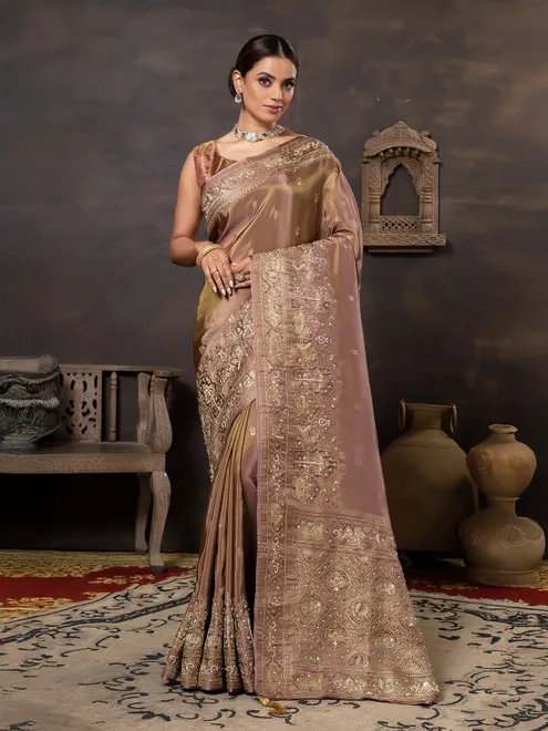 Pastel brown dola silk wedding wear saree