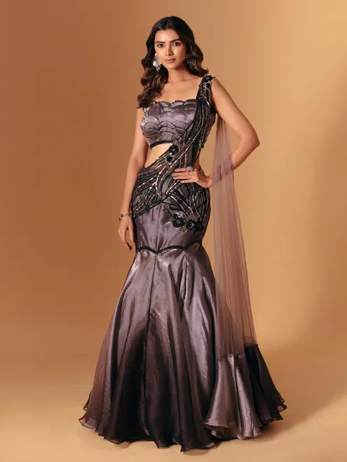 Pastel brown organza designer lehenga choli