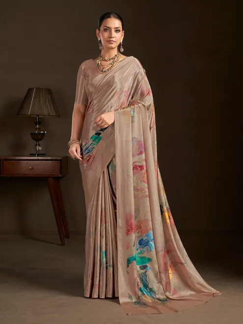 Pastel brown ready to wear silk crepe saree with stitched blouse
