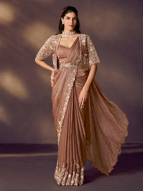 Pastel brown satin silk saree with jacket style elegance