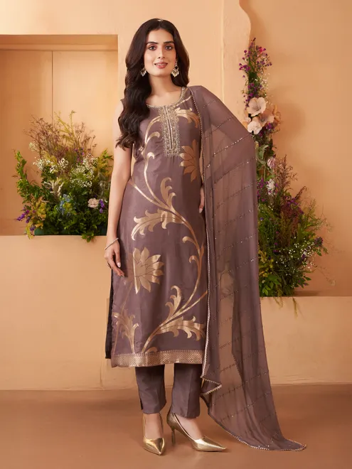 Pastel brown silk salwar suit with radiant zari elegance