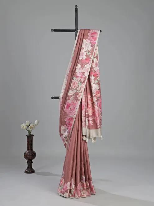 Pastel brown silk saree with floral printed