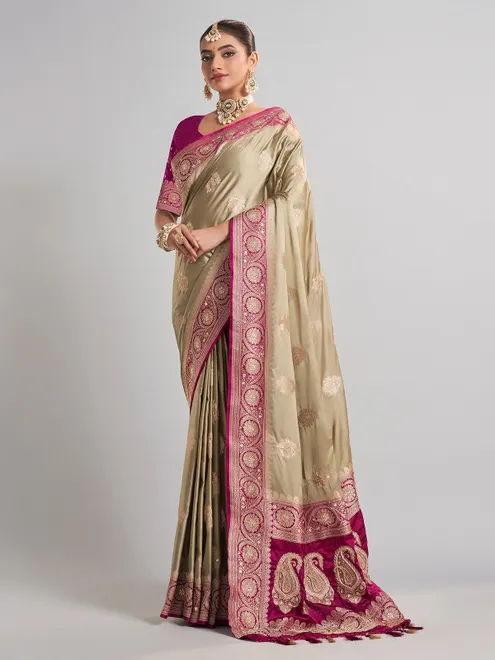 Pastel green and rani pink satin silk saree for wedding celebrations