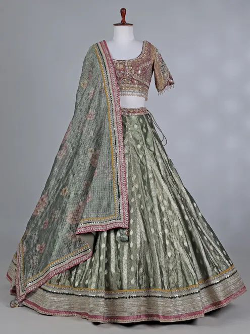Pastel green banarasi silk round neck lehenga choli