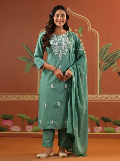 Pastel green cotton festival wear kurti set